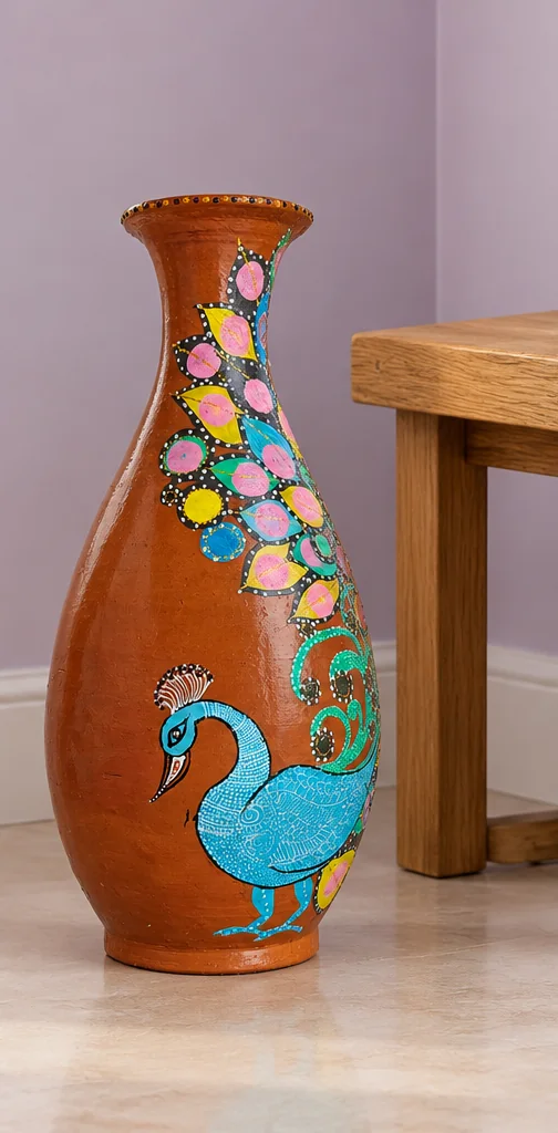 Peacock Garden Vase styled as an empty sculptural accent beside an oak bench